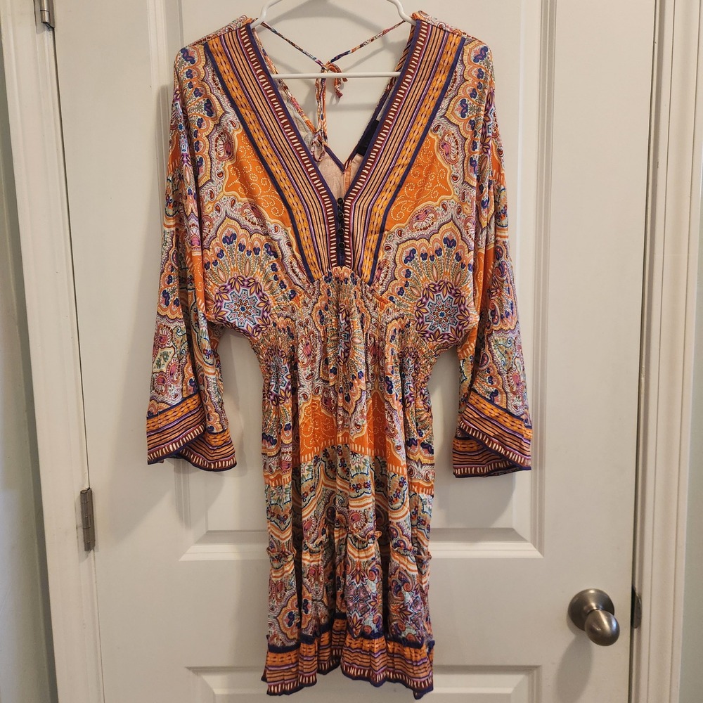 Hale Bob Orange Paisley Mandala Smocked Waist Bell Sleeve V-Neck Mini Dress S